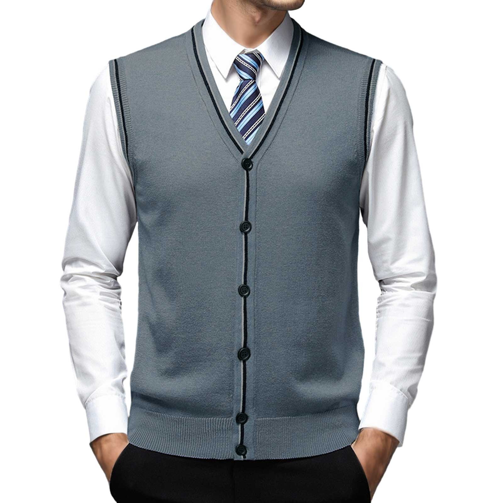 thumbnail image 4 of Chaleco de lana con cuello en V y hebilla para hombre - Color liso, sin cuello, ideal para citas o trabajo - Para todas las estaciones (M-XXXL), 4 of 5